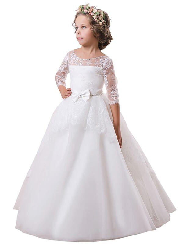 Ball Gown Jewel Long Sleeves Lace Sweep/Brush Train Satin Flower Girl Dresses CICIP0007605