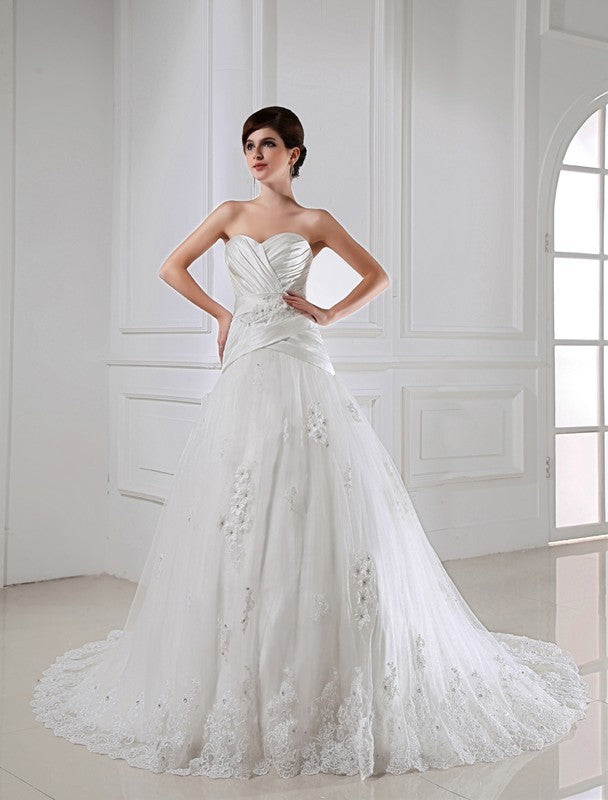 A-Line/Princess Beading Applique Sweetheart Sleeveless Satin Tulle Wedding Dresses CICIP0006860