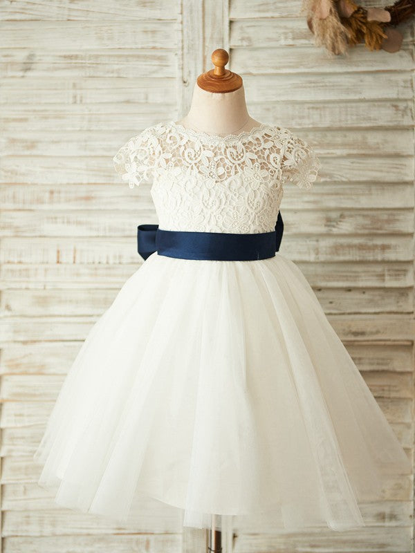 A-Line/Princess Tulle Lace Scoop Sleeveless Knee-Length Flower Girl Dresses CICIP0007883