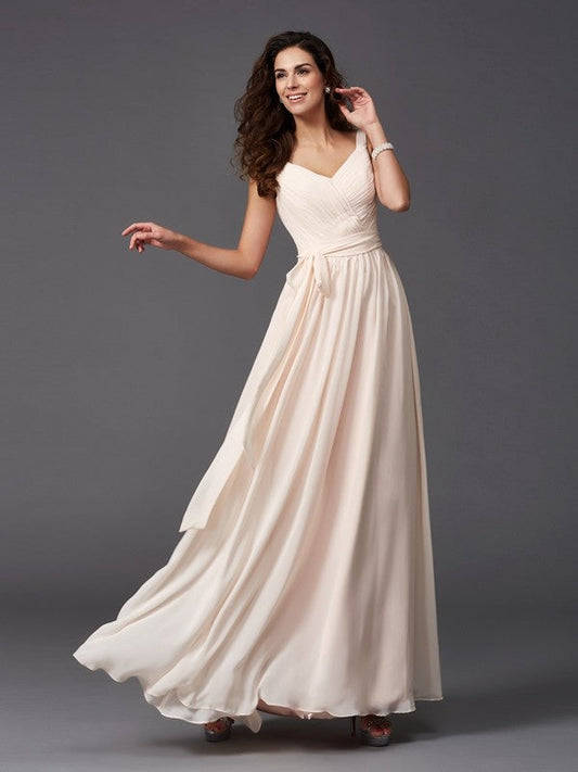 A-Line/Princess Straps Sash/Ribbon/Belt Sleeveless Long Chiffon Bridesmaid Dresses CICIP0005143