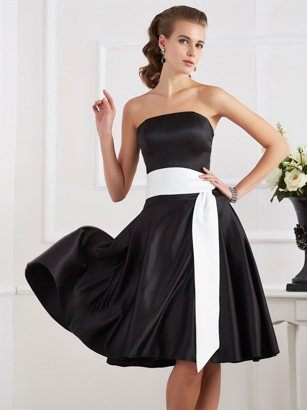 A-Line/Princess Strapless Sleeveless Sash/Ribbon/Belt Short Satin Bridesmaid Dresses CICIP0005578