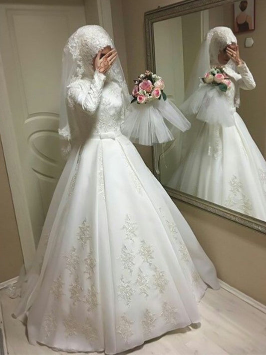 Ball Gown Jewel Long Sleeves Floor-Length Bowknot Organza Wedding Dresses CICIP0006961