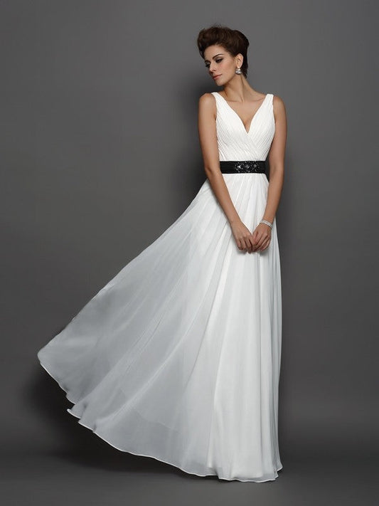A-Line/Princess V-neck Sash/Ribbon/Belt Sleeveless Long Chiffon Wedding Dresses CICIP0006331
