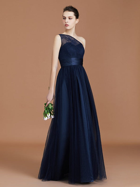 A-line/Princess One-Shoulder Lace Tulle Sleeveless Floor-Length Bridesmaid Dresses CICIP0005736