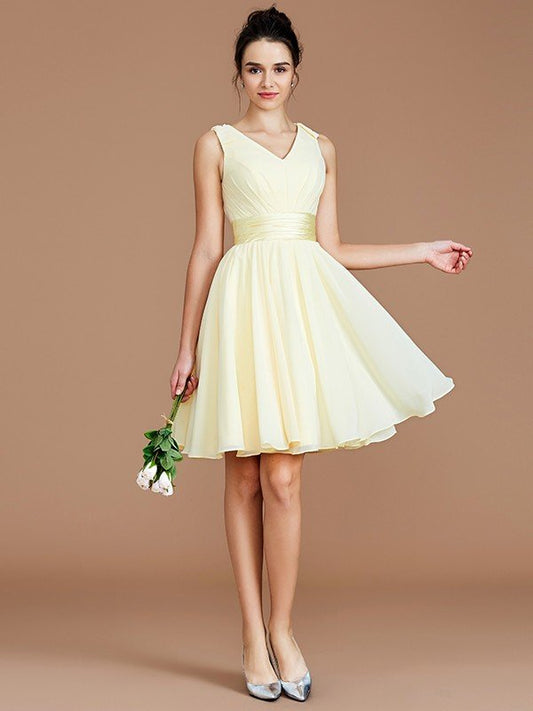 A-Line/Princess V-neck Sleeveless Sash/Ribbon/Belt Short/Mini Chiffon Bridesmaid Dresses CICIP0005048