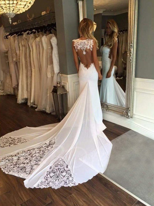 Trumpet/Mermaid Sleeveless Sweetheart Applique Cathedral Train Lace Wedding Dresses CICIP0006215