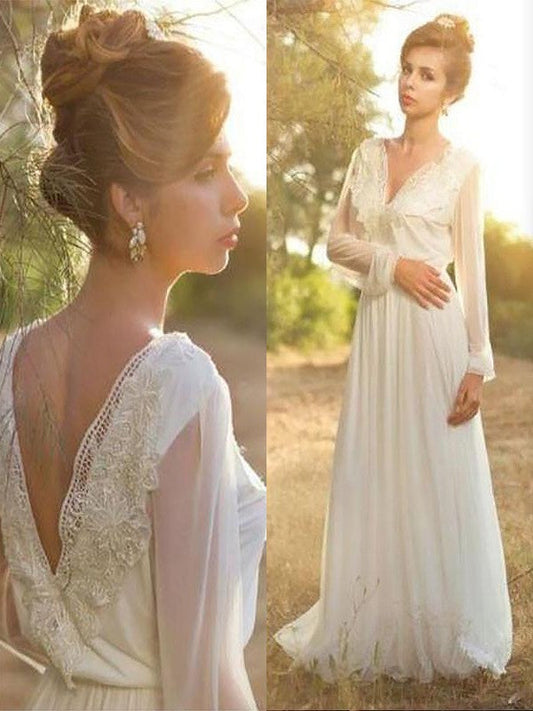A-Line/Princess V-neck Long Sleeves Lace Chiffon Sweep/Brush Train Wedding Dresses CICIP0006463