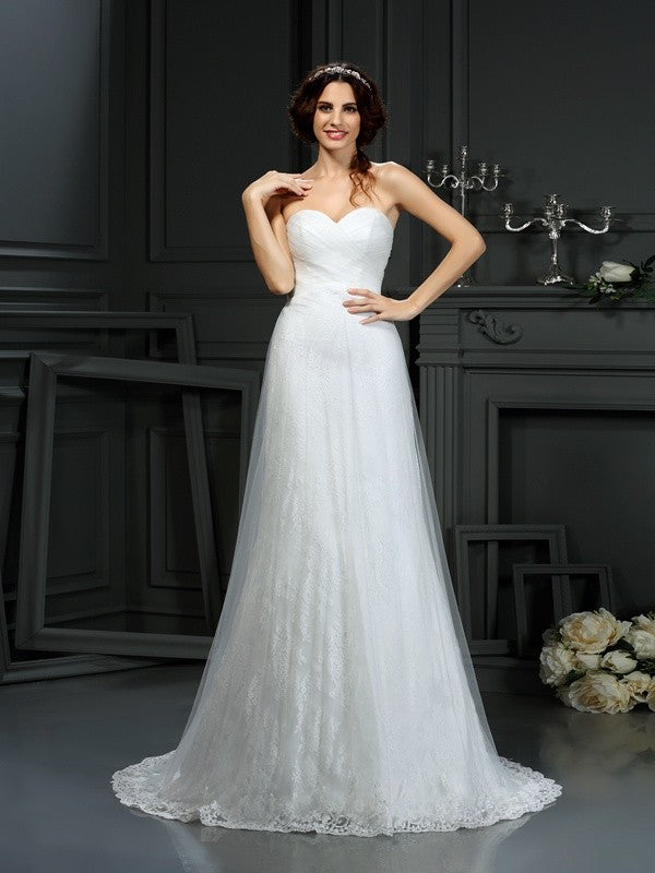 A-Line/Princess Sweetheart Pleats Sleeveless Long Net Wedding Dresses CICIP0006726