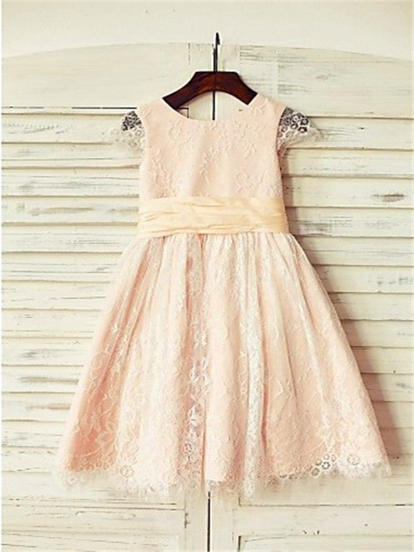 A-line/Princess Scoop Short Sleeves Sash/Ribbon/Belt Tea-Length Lace Flower Girl Dresses CICIP0007879