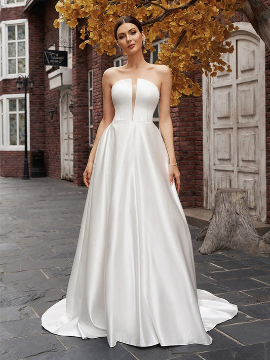A-Line/Princess Strapless Satin Sleeveless Ruffles Sweep/Brush Train Wedding Dresses CICIP0006752