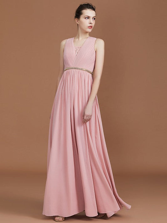 A-Line/Princess Lace Sleeveless Floor-Length Chiffon Ruched V-neck Bridesmaid Dresses CICIP0005862