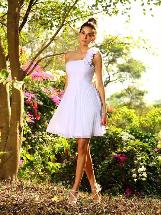 A-Line/Princess One-Shoulder Hand-Made Flower Sleeveless Short Chiffon Bridesmaid Dresses CICIP0005319