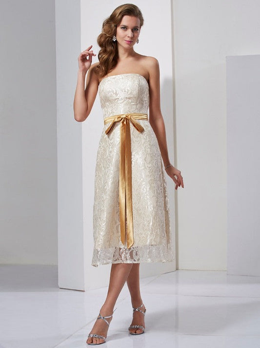 Sheath/Column Strapless Sleeveless Sash/Ribbon/Belt Short Satin Bridesmaid Dresses CICIP0005090