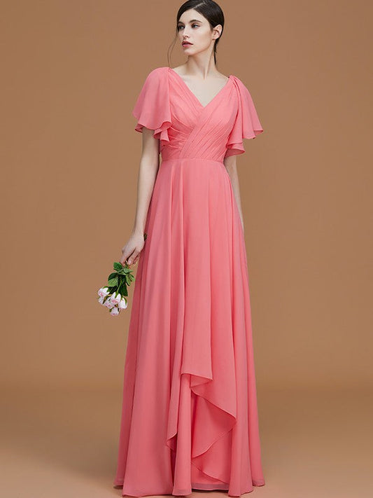A-Line/Princess V-neck Short Sleeves Floor-Length Ruched Chiffon Bridesmaid Dresses CICIP0005041