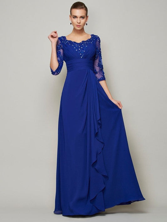 A-Line/Princess Scoop 3/4 Sleeves Lace Long Chiffon Mother of the Bride Dresses CICIP0007067