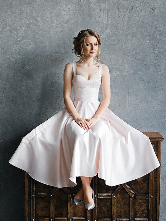 A-Line/Princess Straps Satin Ruffles Sleeveless Tea-Length Wedding Dresses CICIP0006974