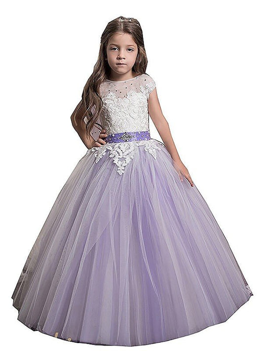 Ball Gown Jewel Sleeveless Applique Floor-Length Tulle Flower Girl Dresses CICIP0007724