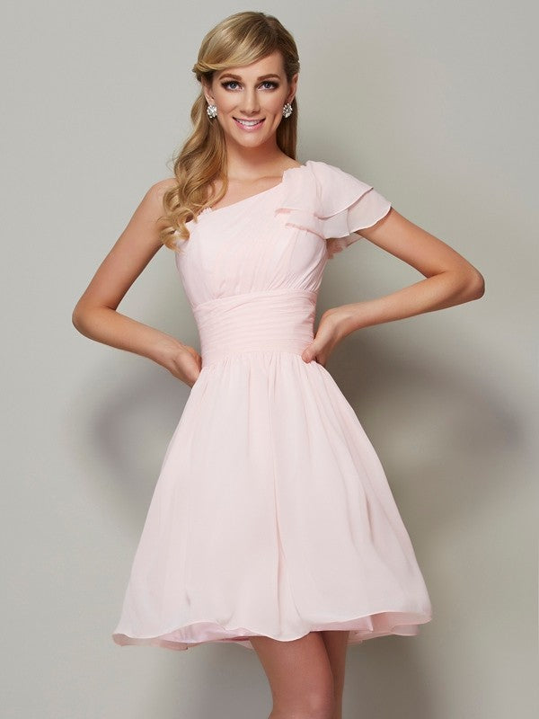 A-Line/Princess Straps Sleeveless Pleats Short Chiffon Bridesmaid Dresses CICIP0005576