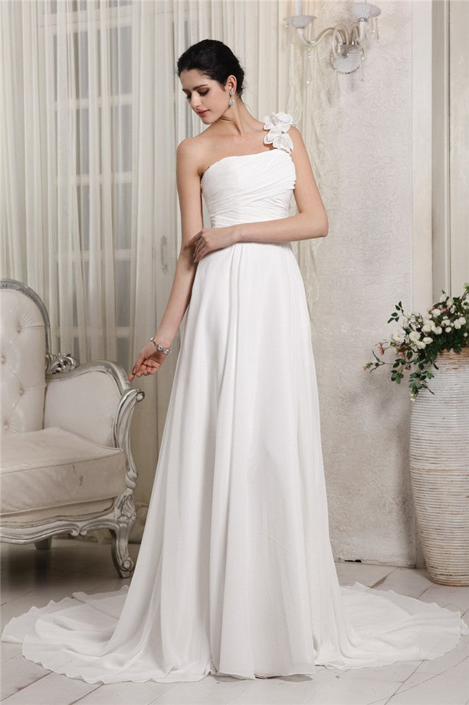 Sheath/Column One-Shoulder Sleeveless Ruffles Long Chiffon Wedding Dresses CICIP0006978