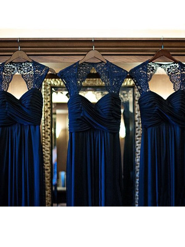A-Line/Princess Sleeveless Sweetheart Floor-Length Lace Chiffon Bridesmaid Dresses CICIP0005197