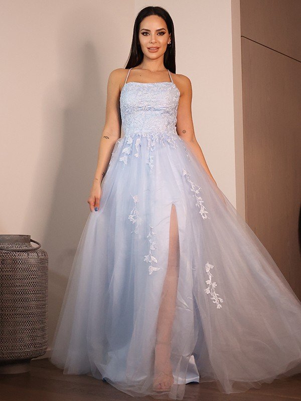 A-Line/Princess Lace Ruffles Spaghetti Straps Sleeveless Floor-Length Dresses CICIP0004871