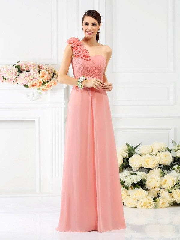 A-Line/Princess One-Shoulder Hand-Made Flower Sleeveless Long Chiffon Bridesmaid Dresses CICIP0005311