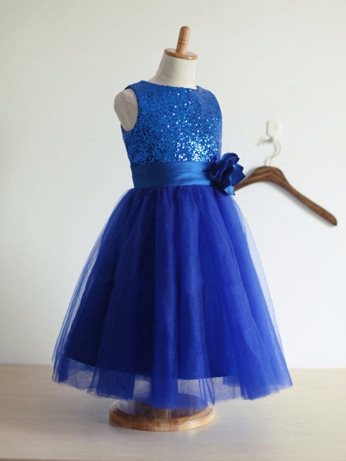 A-line/Princess Jewel Sleeveless Hand-Made Flower Tulle Long Dresses CICIP0007568