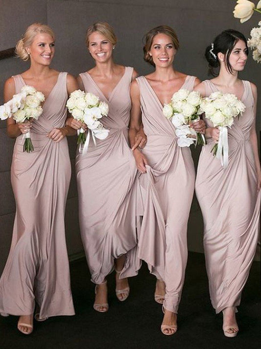A-Line/Princess V-neck Sleeveless Floor-Length Spandex Bridesmaid Dresses CICIP0005076