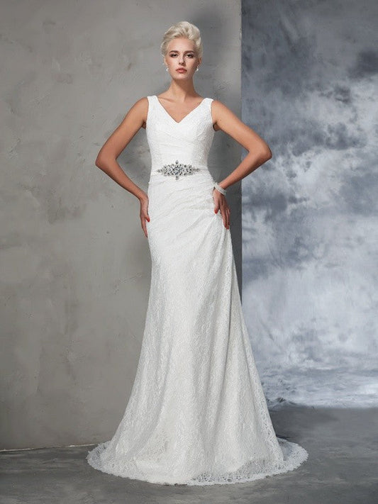 Trumpet/Mermaid V-neck Lace Sleeveless Long Lace Wedding Dresses CICIP0006721