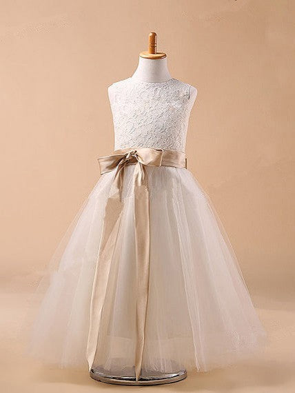Ball Gown Jewel Sleeveless Bowknot Long Tulle Dresses CICIP0007543