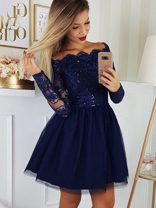 A-Line/Princess Tulle Applique Off-the-Shoulder Long Sleeves Short/Mini Homecoming Dress CICIP0002741