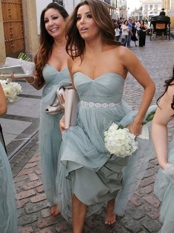 A-Line/Princess Sweetheart Sleeveless Floor-Length Beading Tulle Bridesmaid Dresses CICIP0005299