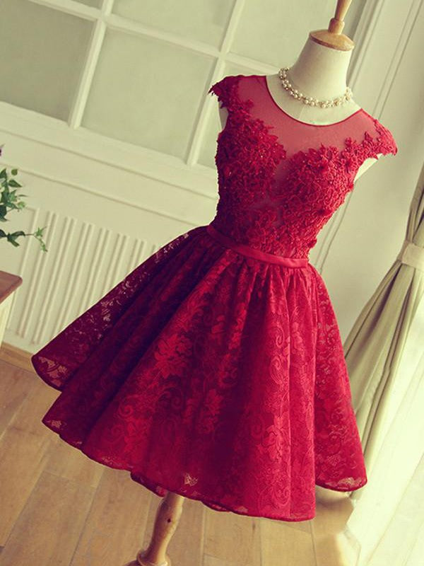 A-Line Jewel Cut Short With Applique Lace Red Homecoming Dresses CICIP0008239