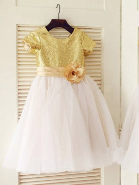 A-line/Princess Scoop Short Sleeves Sequin Long Tulle Dresses CICIP0007669