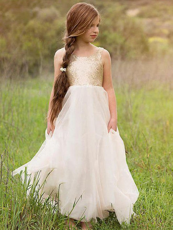 A-Line/Princess Sleeveless Scoop Floor-Length Sequin Tulle Flower Girl Dresses CICIP0007676
