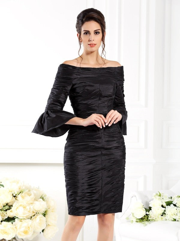 Sheath/Column Off-the-Shoulder Ruched 1/2 Sleeves Short Taffeta Mother of the Bride Dresses CICIP0007211