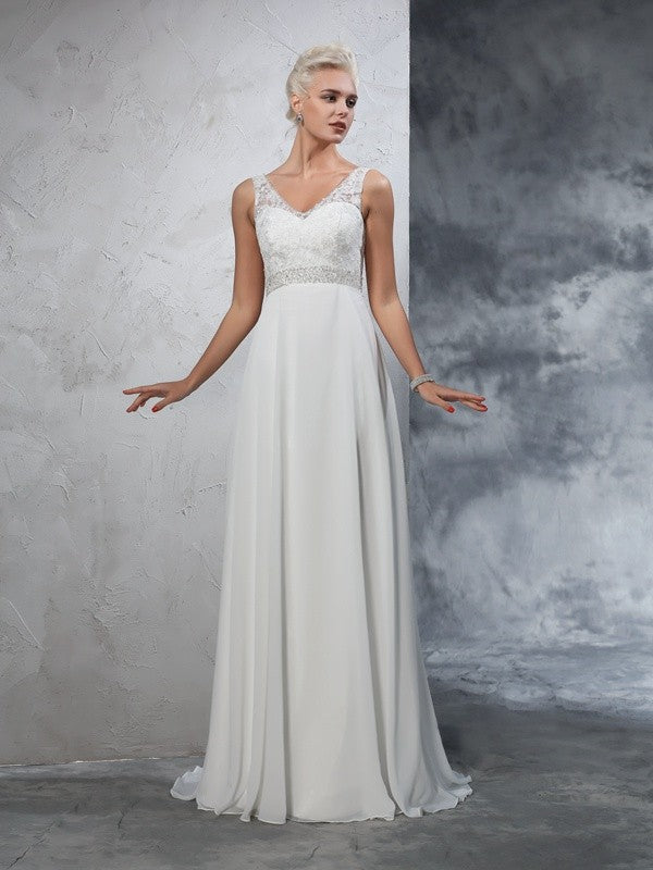 A-Line/Princess V-neck Beading Sleeveless Long Chiffon Wedding Dresses CICIP0006610