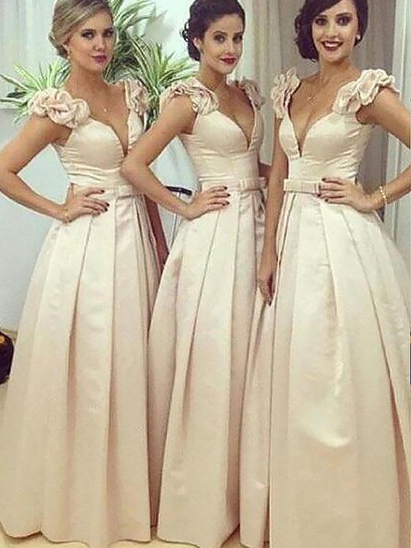 A-Line/Princess Floor-Length Satin Sleeveless Straps Bridesmaid Dresses CICIP0005300
