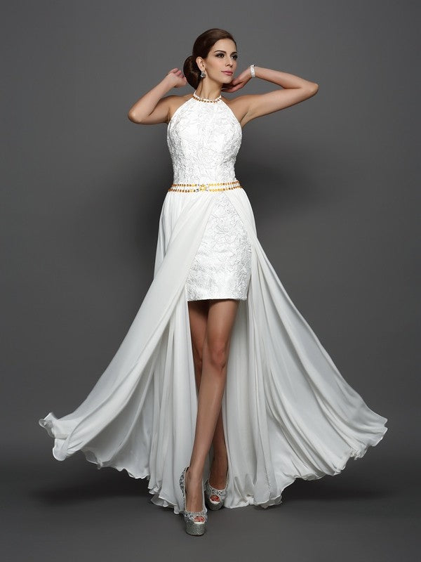 A-Line/Princess High Neck Lace Sleeveless Long Chiffon Wedding Dresses CICIP0006617