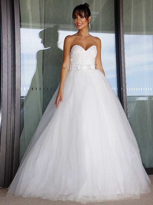 Ball Gown Tulle Sweetheart Bowknot Sleeveless Floor-Length Wedding Dresses CICIP0006196