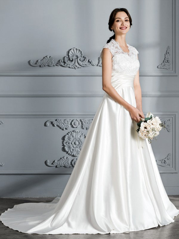 Ball Gown V-neck Sleeveless Court Train Satin Wedding Dresses CICIP0006736