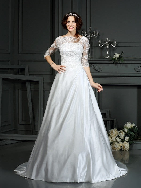 A-Line/Princess Bateau Lace 1/2 Sleeves Long Satin Wedding Dresses CICIP0006562