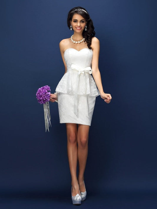 Sheath/Column Sweetheart Lace Sleeveless Short Satin Bridesmaid Dresses CICIP0005531