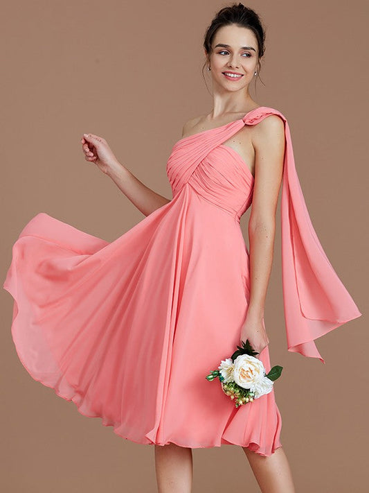 A-Line/Princess One-Shoulder Sleeveless Ruched Short/Mini Chiffon Bridesmaid Dresses CICIP0005025