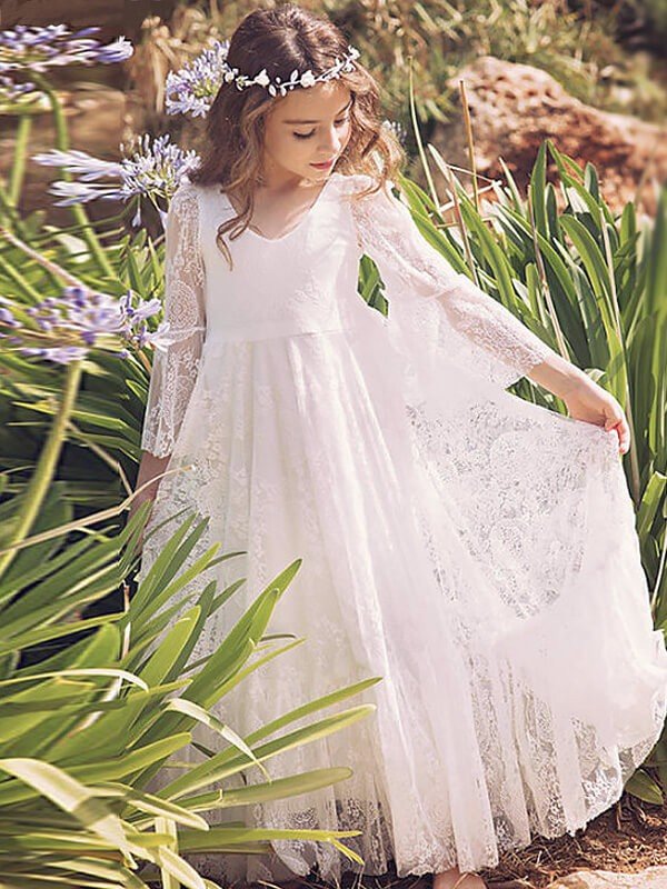 A-Line/Princess Long Sleeves V-neck Lace Floor-Length Flower Girl Dresses CICIP0007461
