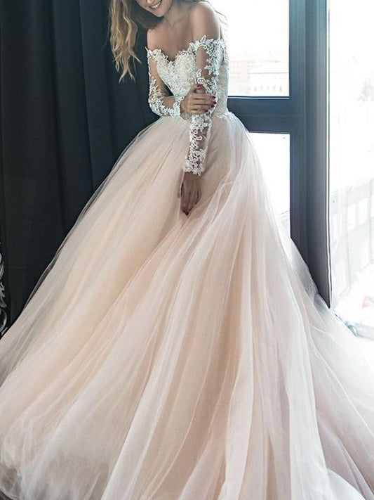A-Line/Princess Off-the-Shoulder Long Sleeves Court Train Applique Tulle Wedding Dresses CICIP0005949