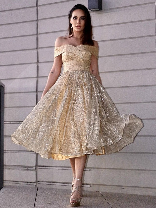 A-Line/Princess Ruched Off-the-Shoulder Sleeveless Tea-Length Homecoming Dresses CICIP0004497