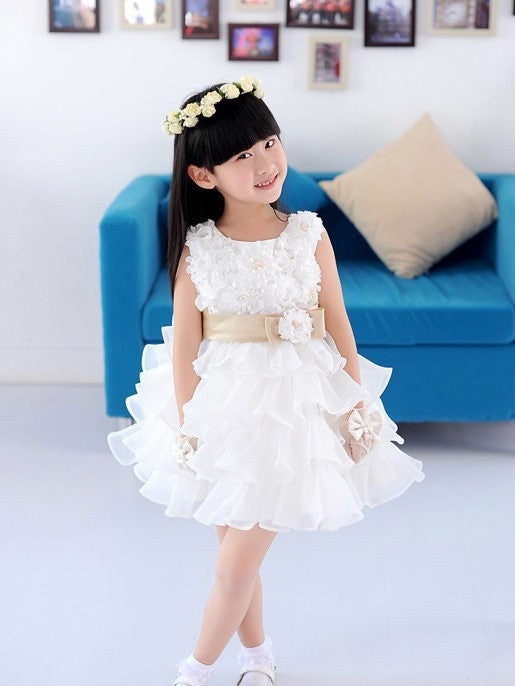 A-line/Princess Scoop Sleeveless Hand-made Flower Short Organza Flower Girl Dresses CICIP0007760