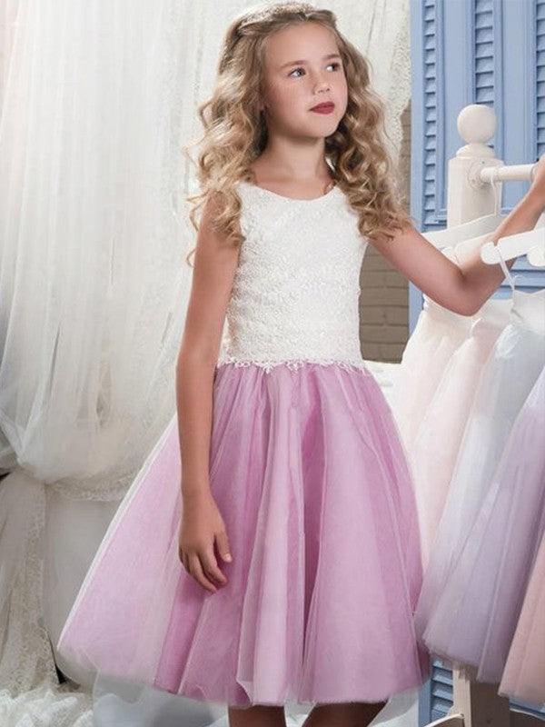 A-Line/Princess Sleeveless Scoop Knee-Length Lace Tulle Flower Girl Dresses CICIP0007899