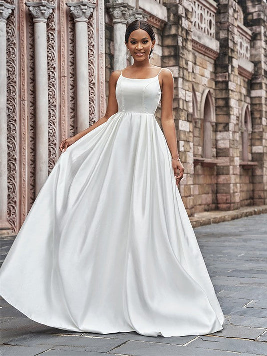A-Line/Princess Satin Spaghetti Straps Ruffles Sleeveless Sweep/Brush Train Wedding Dresses CICIP0006168